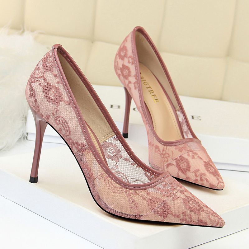 Size 34-40 Korean Version Of TheHigh Heel Women's Shoes Stiletto High-heeled Shallow Mouth Pointed Mesh Openwork Lace Single Shoes(Heel height 3.9 inches）
