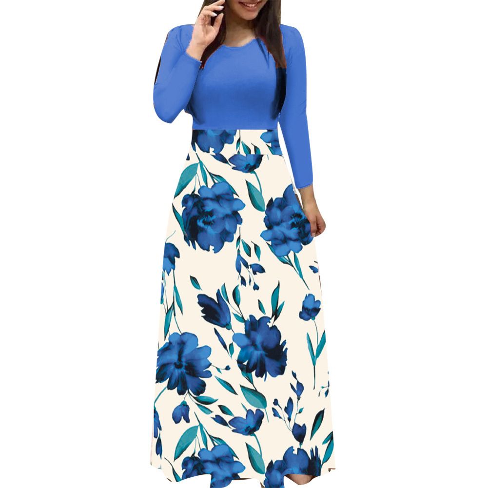 Women O Neck Long Short Sleeve Large Hem Waist Tight Maxi Dress