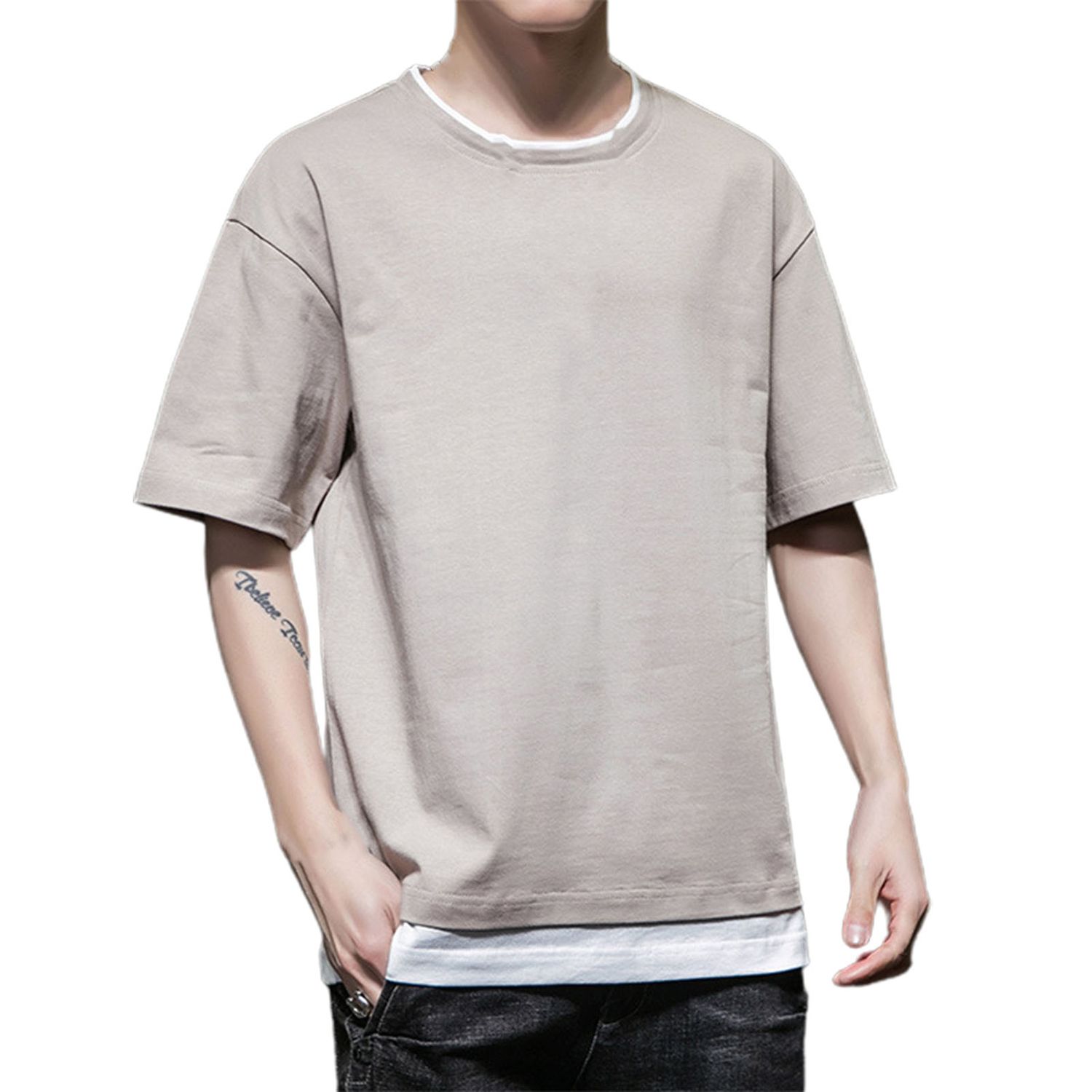 Men T-shirt  Two Piece Solid Color Summer Short Sleeve Round Neck Top for Dating