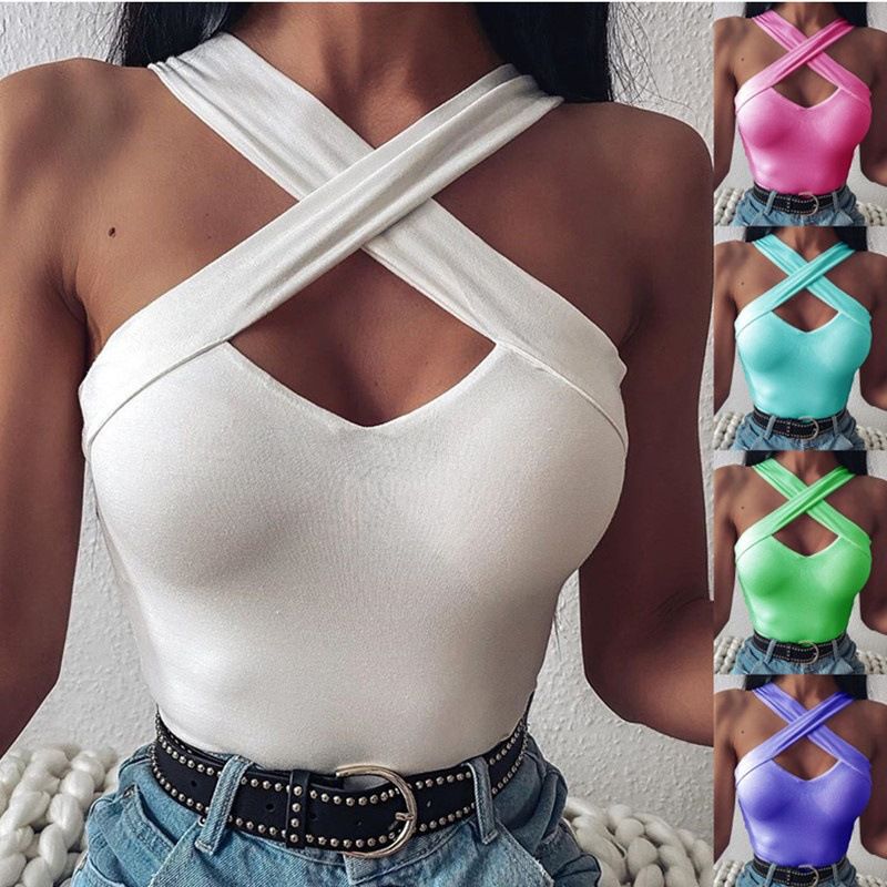 Women Lady Female Cross Shoulder Crop Tops Sleeveless T-Shirt Tank Tops Summer Beach Vest Bare Summer Fashion Clothes