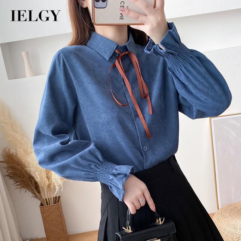 IELGY Women's clothes black fashionable long sleeves lapel casual all-match shirt corduroy loose