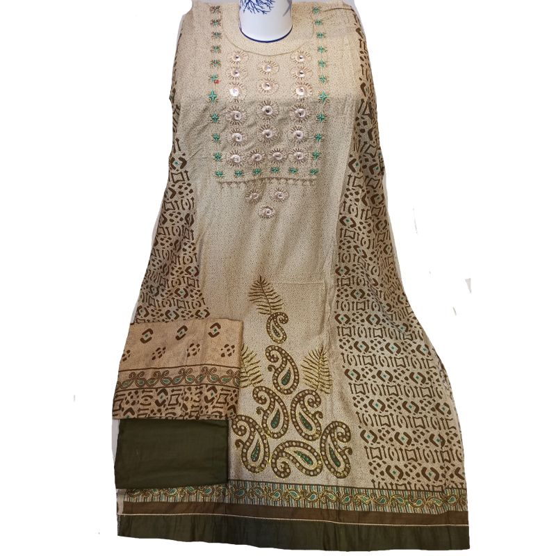 Shalwar kameez / Unstitched three piece puer  cotton, with embroidery and dollar on nack, From Raniya fashion.