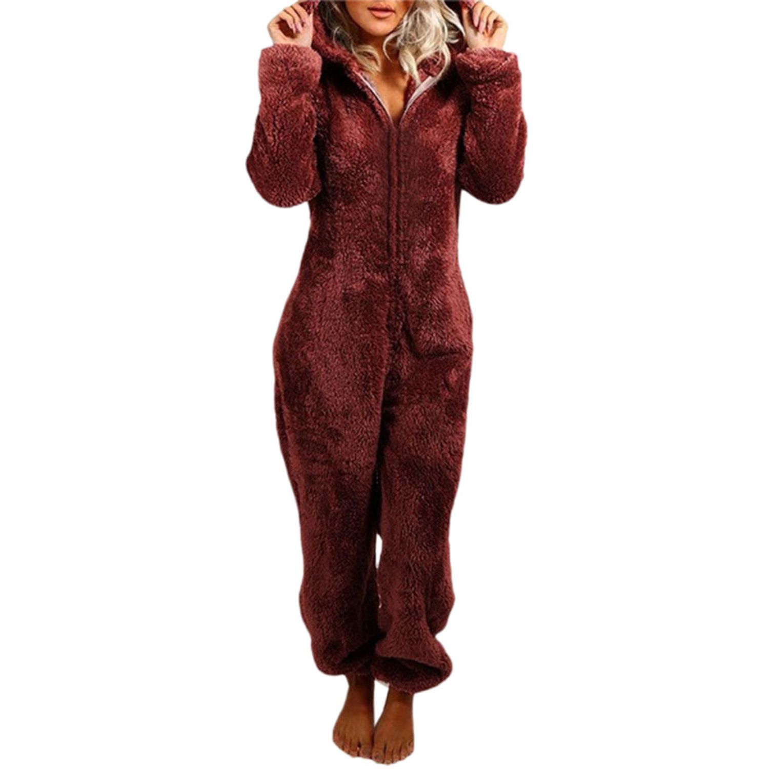 Women's Plush Romper, Winter Pajamas, Long-Sleeve Zipper High Neck Hat Keep Warm Girl’s Clothes