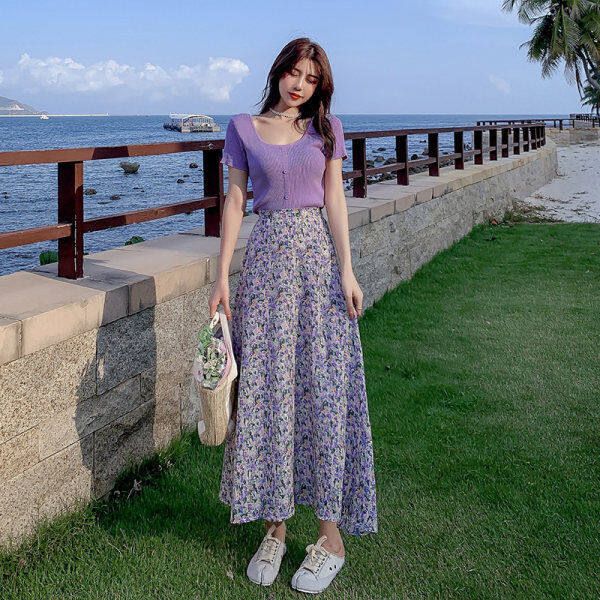 IELGY women's purple floral high waist slim fit midi skirt