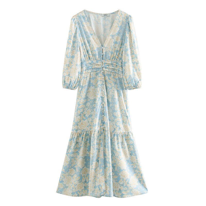 Casual Women Dress Za Floral Print Vestidos Vintage Cascading Ruffles Dress V neck Loose Dresses High Waist Ropa Mujer