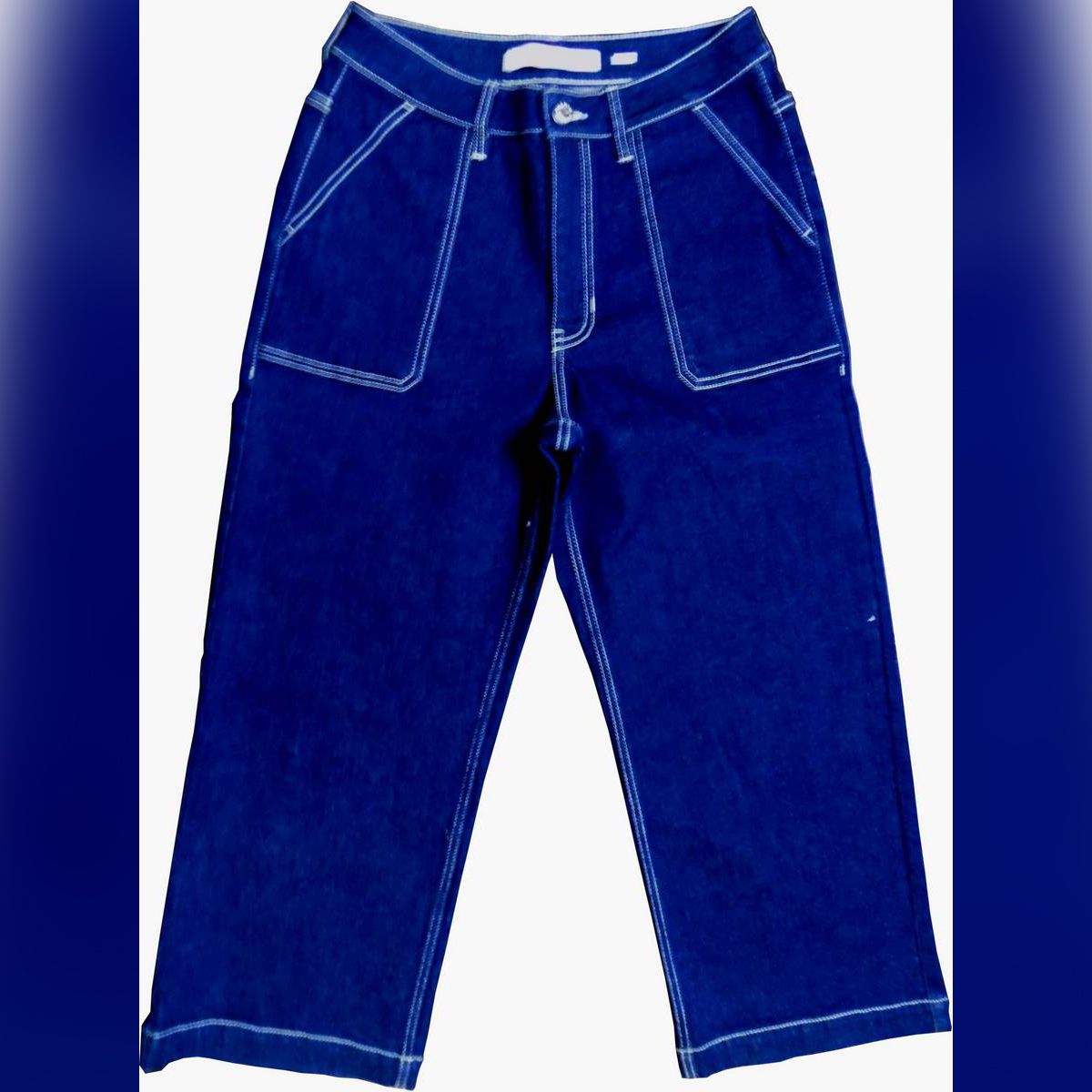 WOMEN, GIRLS, LADIES, FEMALE'S CROPPED WIDE-LEGGED HIGH-WAIST JEANS IN NAVY BLUE. Waist- 32"