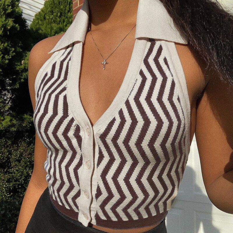 Knit Crop Top Women Halter Neck Backless Summer Backless Green V Neck Casual Sleeveless Vintage Tank Tops
