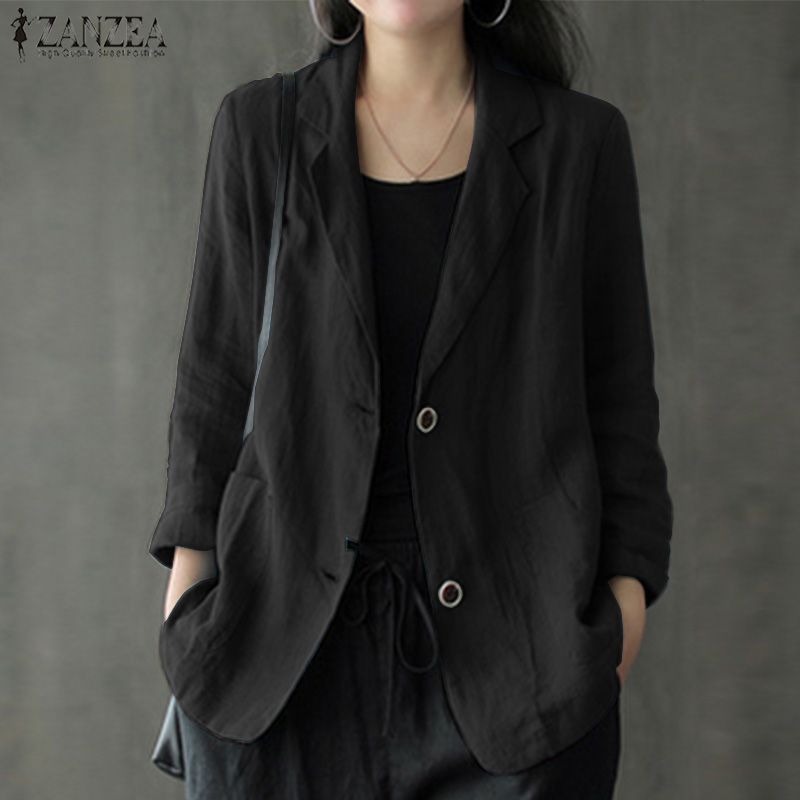 Womens Long Sleeve Collared Button Casual Loose Solid Cotton Blazer Coats