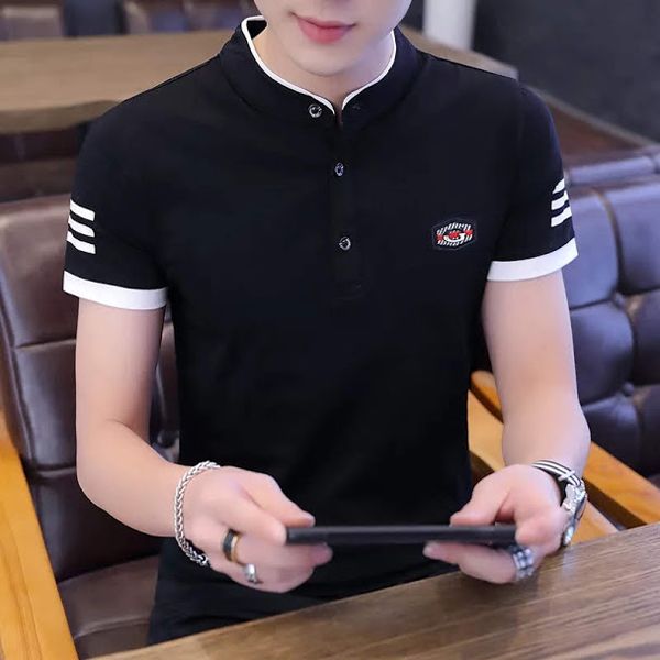 Black Cotton Short Sleeve Polo T-Shirt For Men