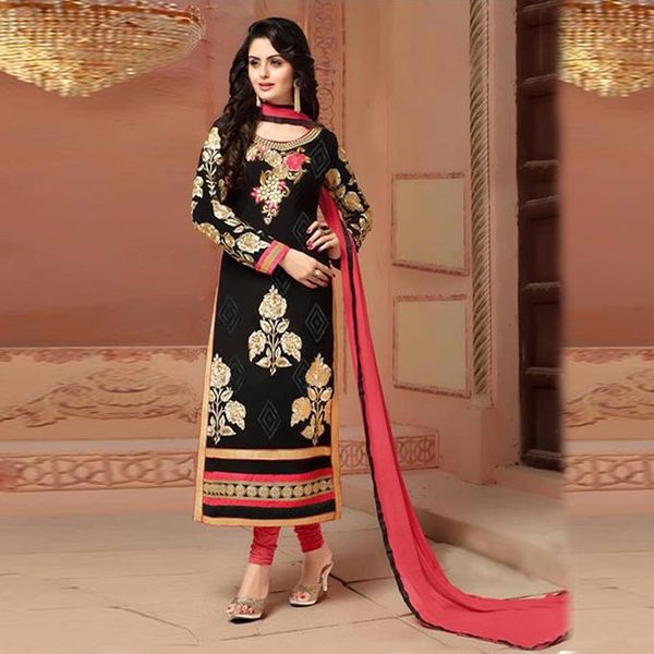 Fashionable Black and Salmon Cotton Unstitched Salwar Kameez for Women
