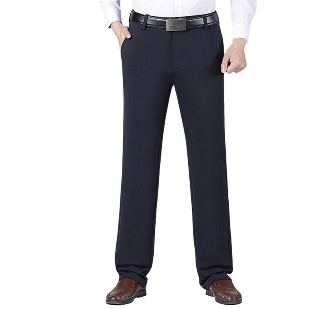 Men Pants Solid Color Stretchy Spring Autumn Mid Waist Straight Loose Trousers for Business