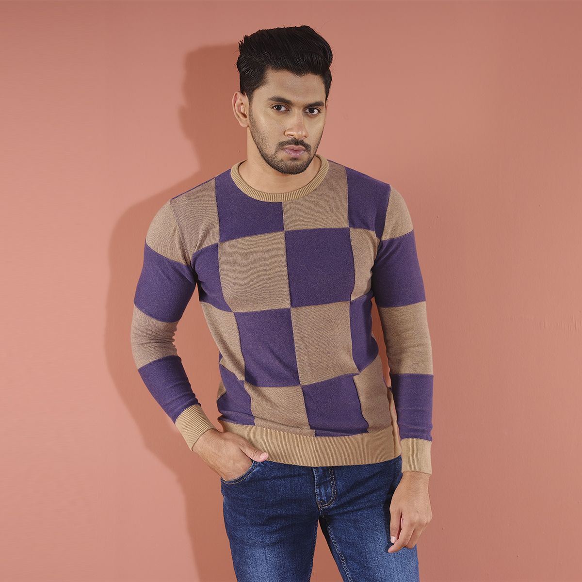 Navy-Brown Color Checked Stylish Sweater Long Sleeve