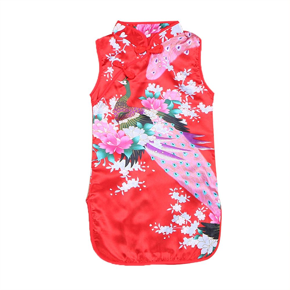 Kids Girls Stand Collar Peacock Printing Cheongsam