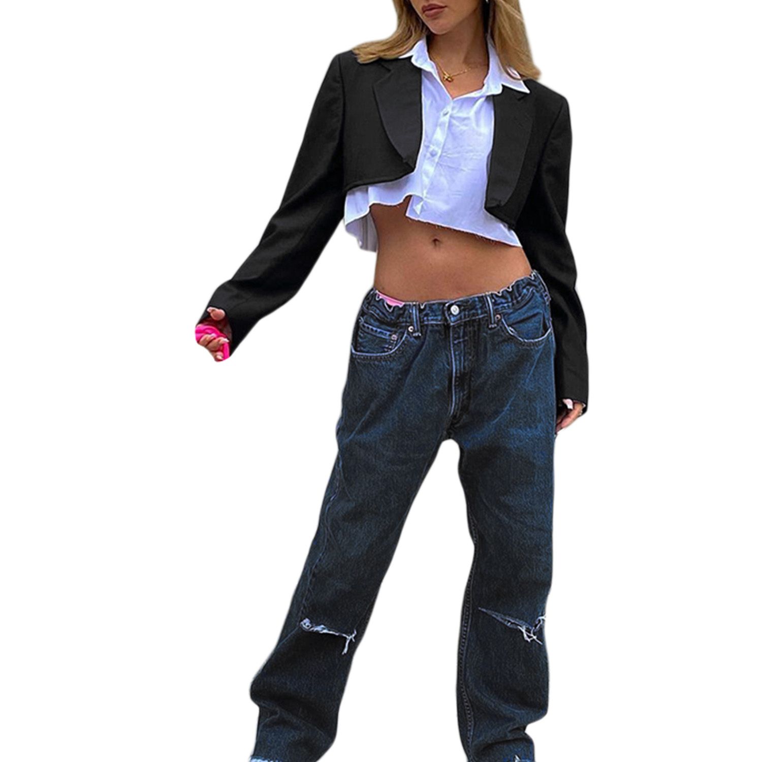 Female Suit Jacket, Solid Color Turn-Down Collar Long Sleeve Coat Short Tops for Spring Fall, Black, S/M/L
