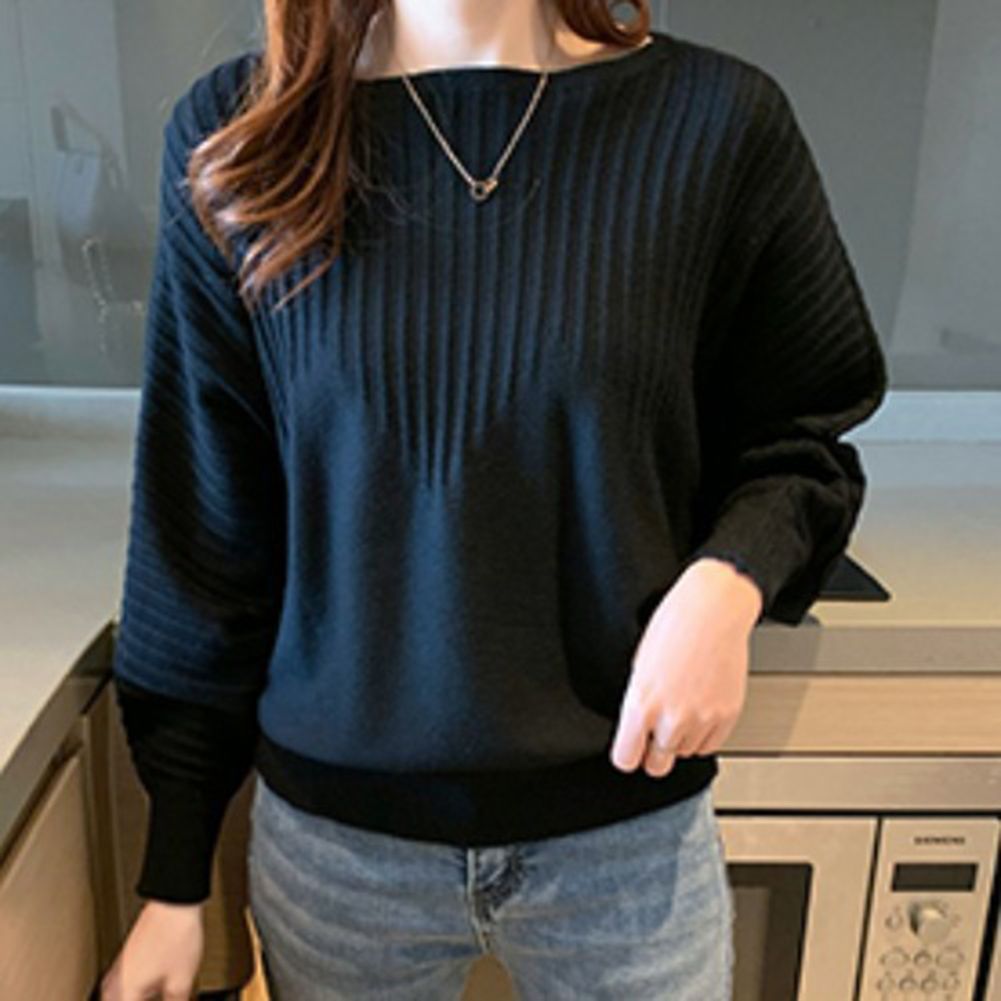 Yfashion Women Knit  Sweater Bat-sleeved Long-sleeved Pullover Crew Neck Solid Color Loose Lightweight Sweater Casual ops Outer Wear color:coffee size:One size