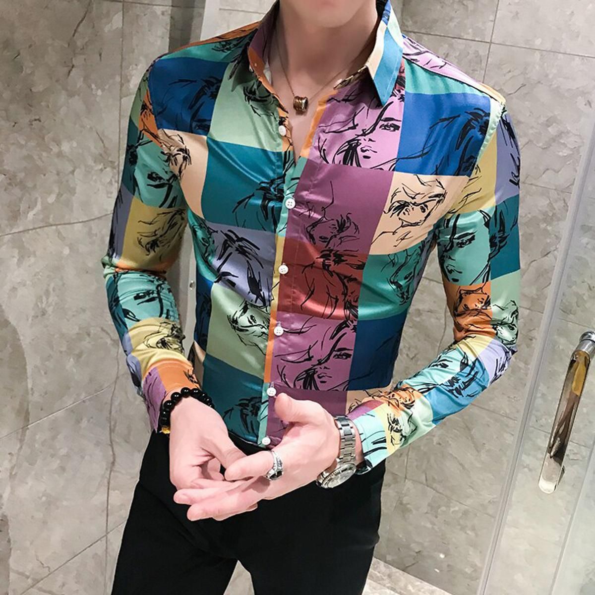 Luxury Black Shirt 2019 Autumn Baroque Men Shirt Long Sleeve Patchwork  Casual Shirt Men Slim Fit Print Party Club Shirt