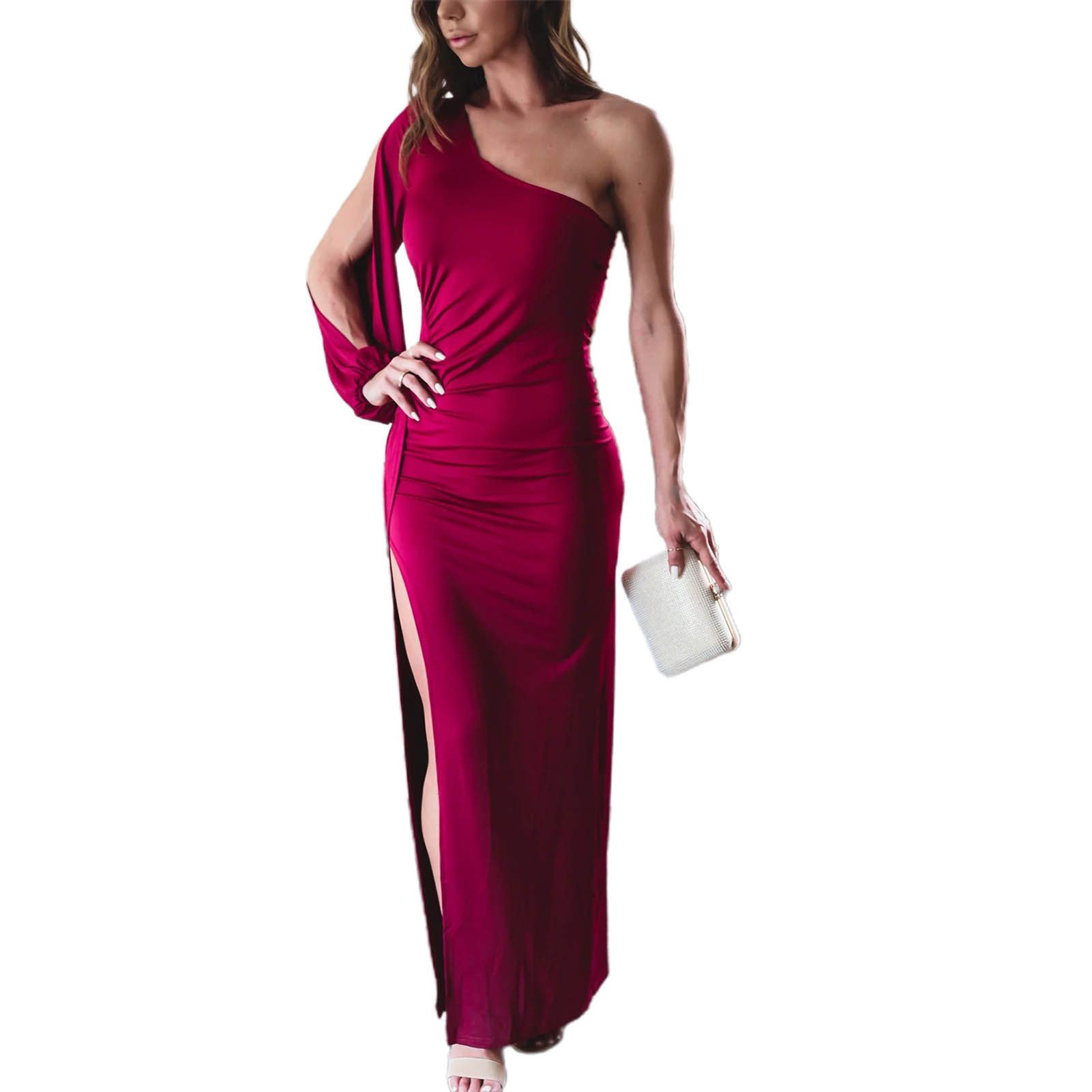 Bodycon Dress Slim One Shoulder Side Split Satin Maxi Dress
