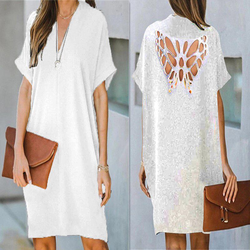 3XL Backless Butterfly Design Hollow Out Dresses Women V-neck Office Lady Dress Spring Summer Short Sleeve Party Dress
