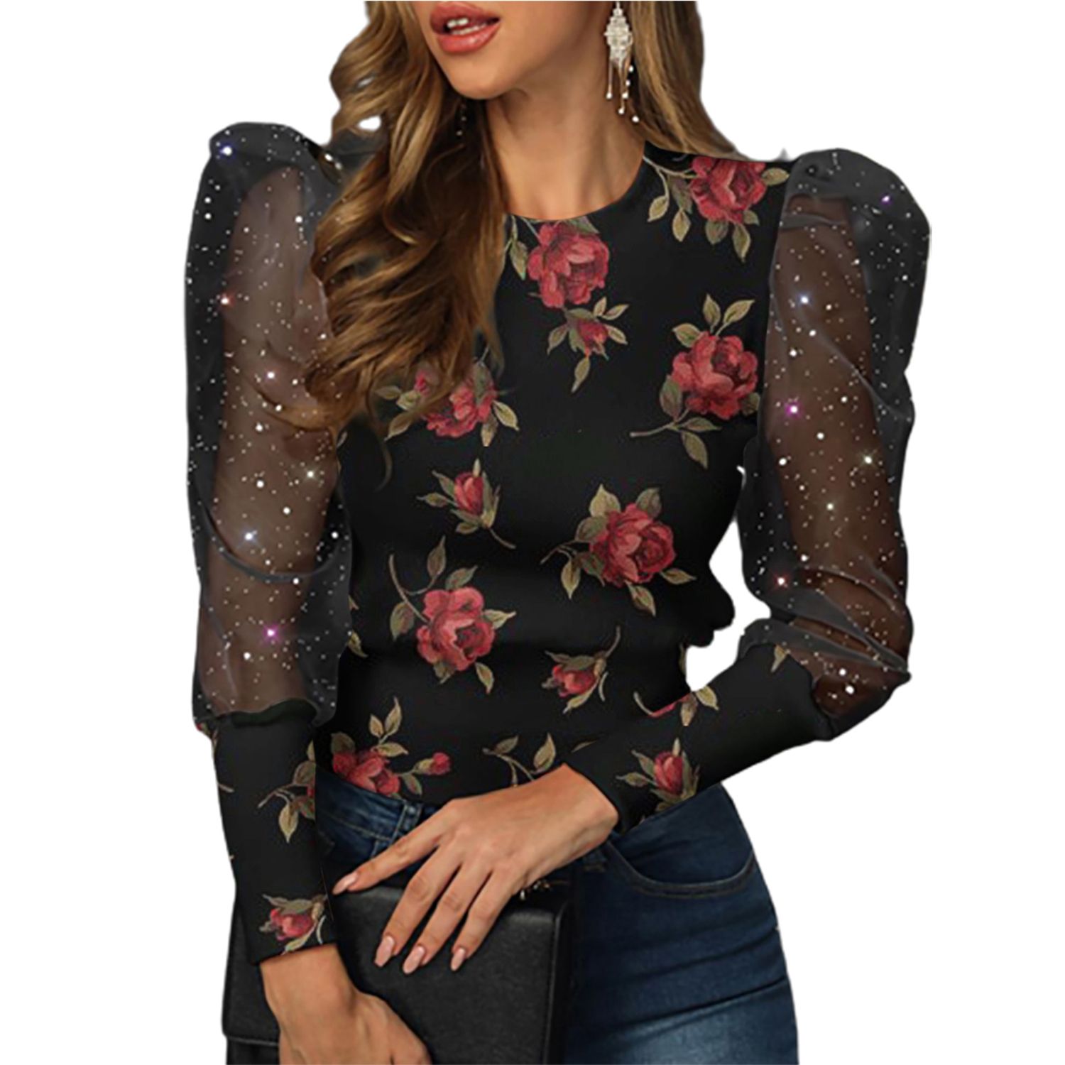 Pullover Shirt Splicing Le Sleeves Elegant Floral Printed Blouse Shirts