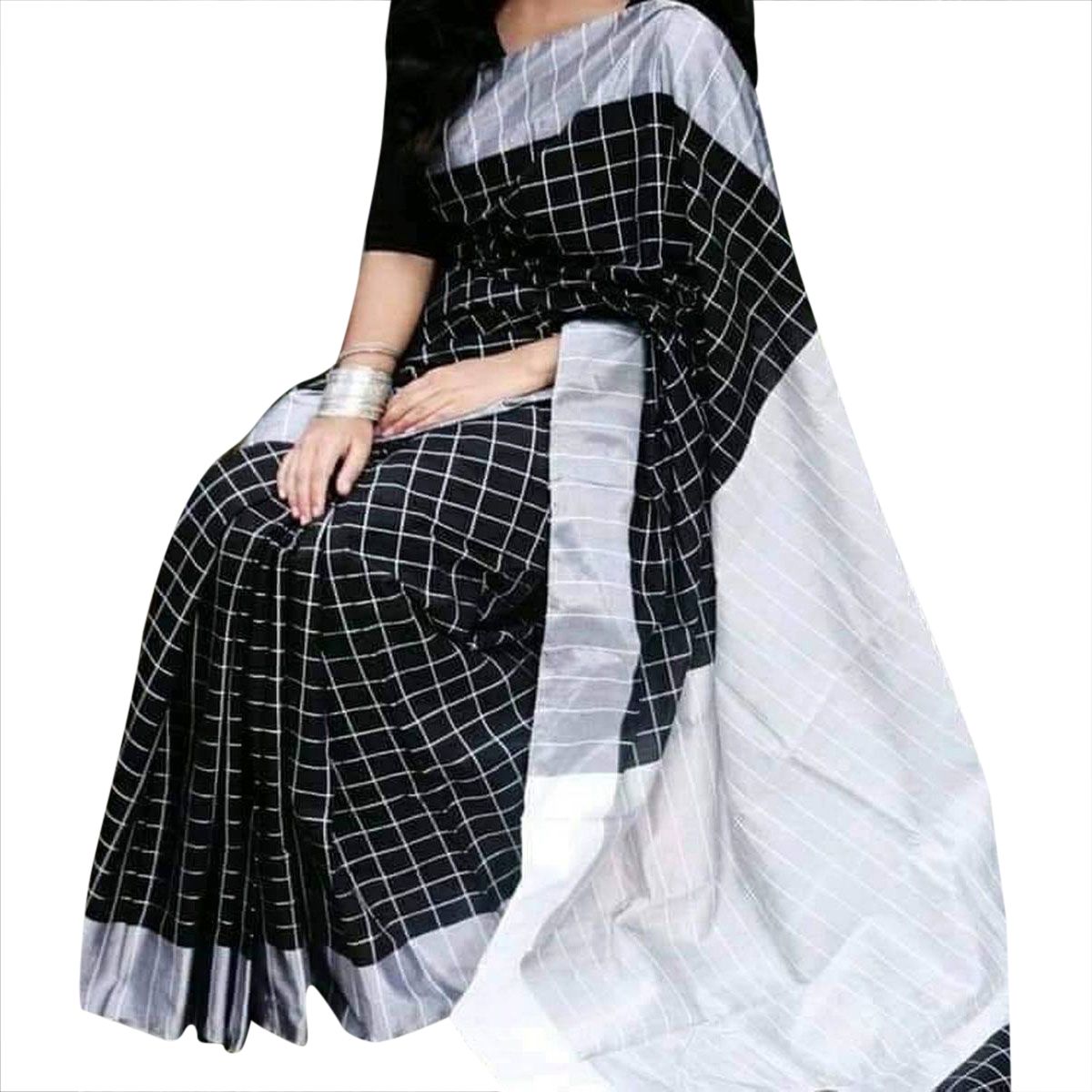 Black & White Dhupiyan Check Saree For Women - Sari