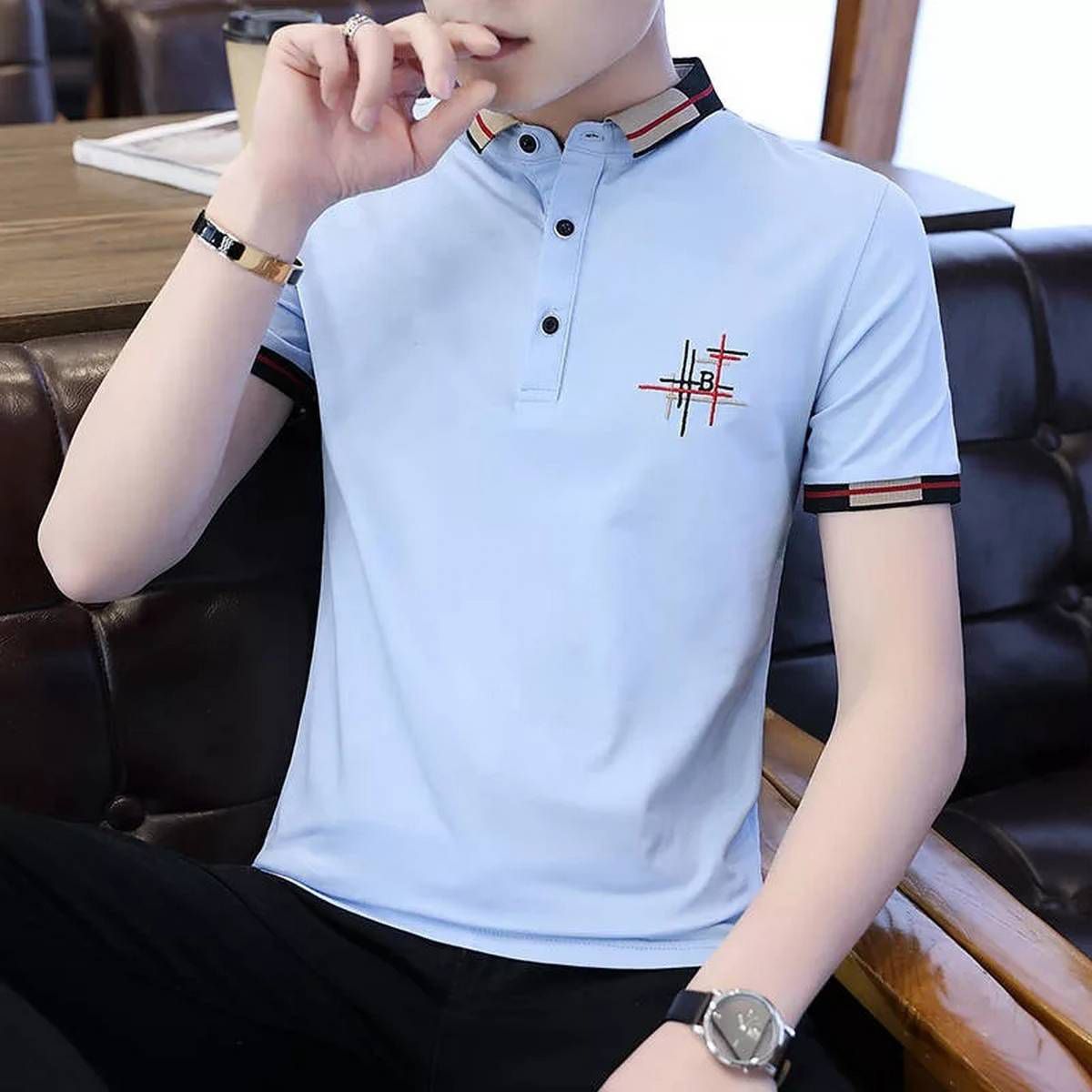 Sky Blue Cotton Short Sleeve Polo T-Shirt For Men
