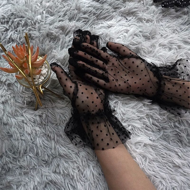 New 1 Pair Grace Autumn Summer Women Short Tulle Gloves Stretchy Lace Spots Lotus Leaf Sheers Flexible  Full Finger