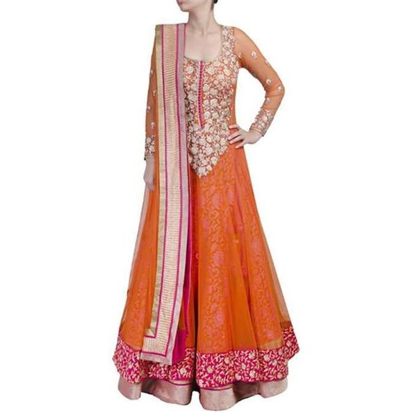 Unstitched Orange  Georgette  Embroidery  Work  Gown  For  Women