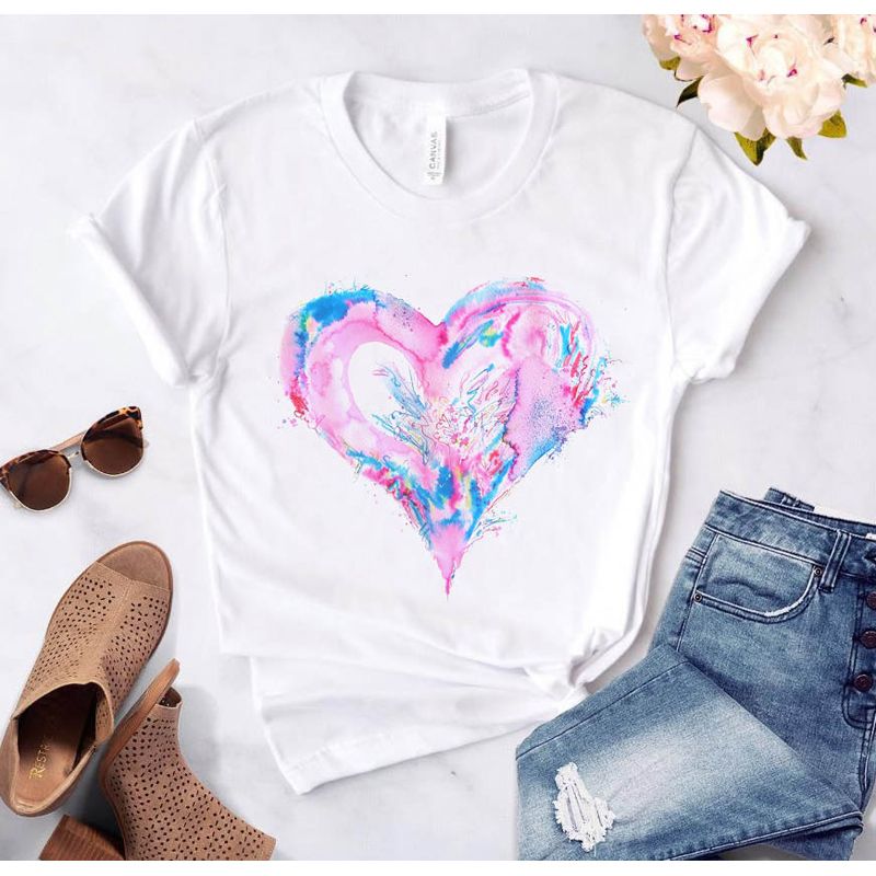 WVIOCE Heart Flower Print Women Short Sleeve T-shirt Female Casual Soft Round Neck Black Top Short Sleeve Ladies T-shirt  12050