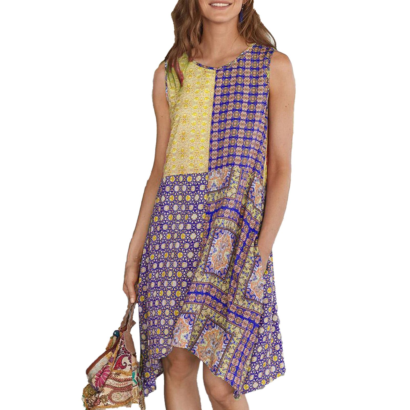 Summer Bohemian Women Dress Patchwork Sleeveless Floral Print Knee-length Loose Dress for Office