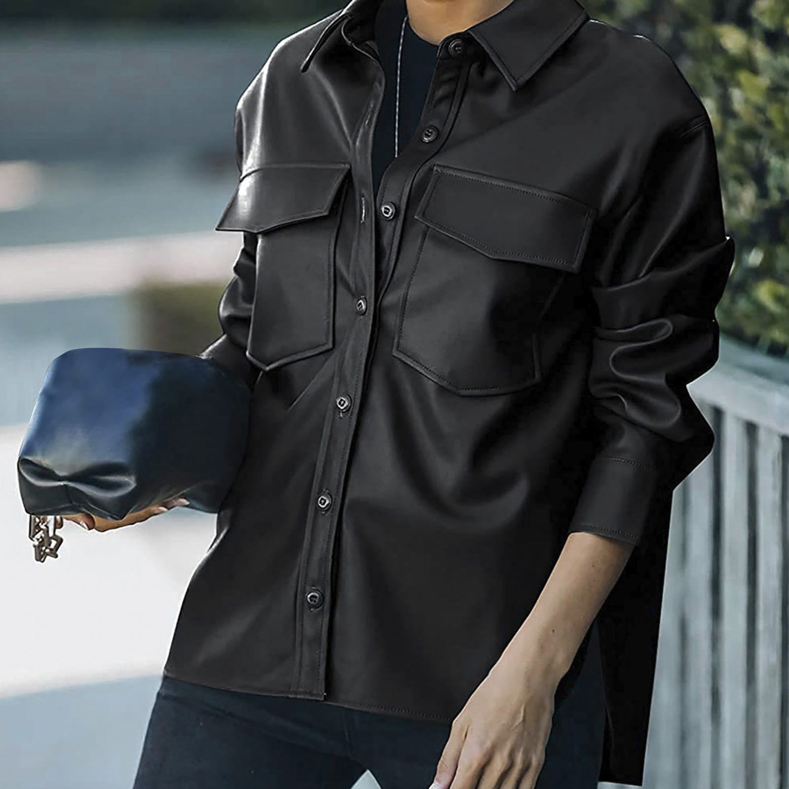 Shirt Jacket Long Sleeve Lapel Collar Solid Color Motorcycle Jacket