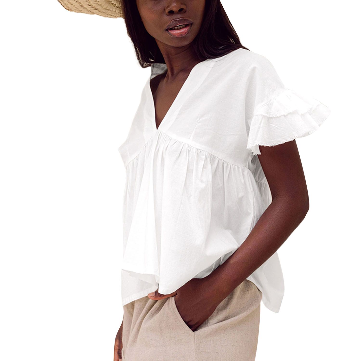 Women Fashion Loose T-Shirt Ruffled Short Sleeve V-Neck Irregular Hem Shirt Summer Casual Breathable Tops