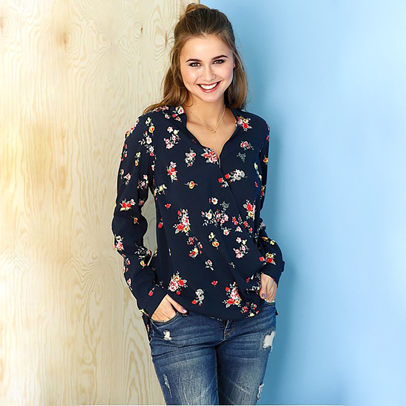 Blue Floral Printed Viscose Long Sleeve Ladies Wrap Top (BLU/CT-5)