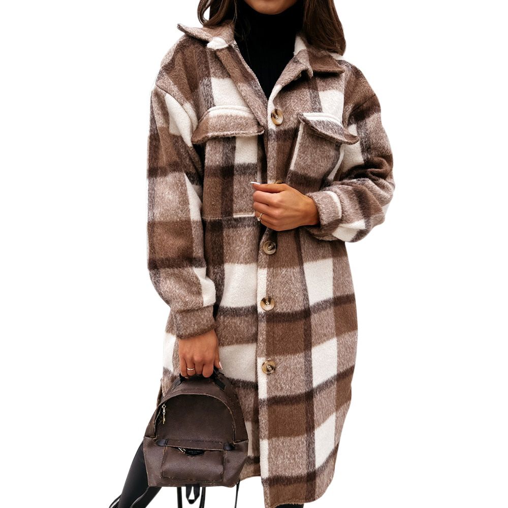 Autumn Checked Women Jacket Turn Down Overcoat Warm Plaid Long Coat Oversize Thick Woolen Blends Female Streetwear