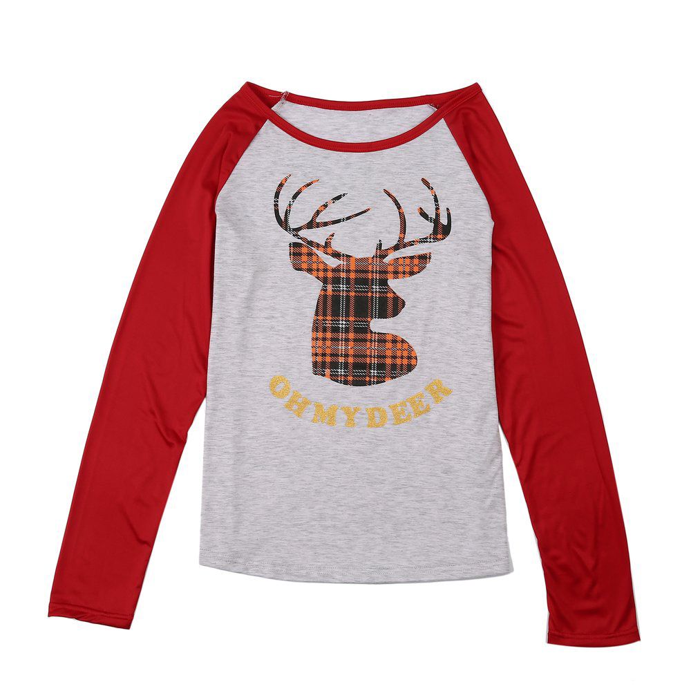 TE Women Christmas Small Deer Printed Stripe Pattern Long Sleeve O Neck T-Shirt
