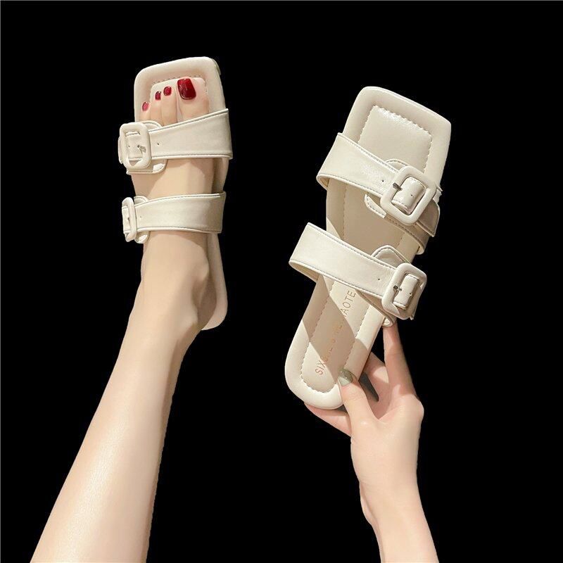 Summer Women Flat Sandals Casual Leather Buckles Slip-on Slippers for Women  Summer Sandal