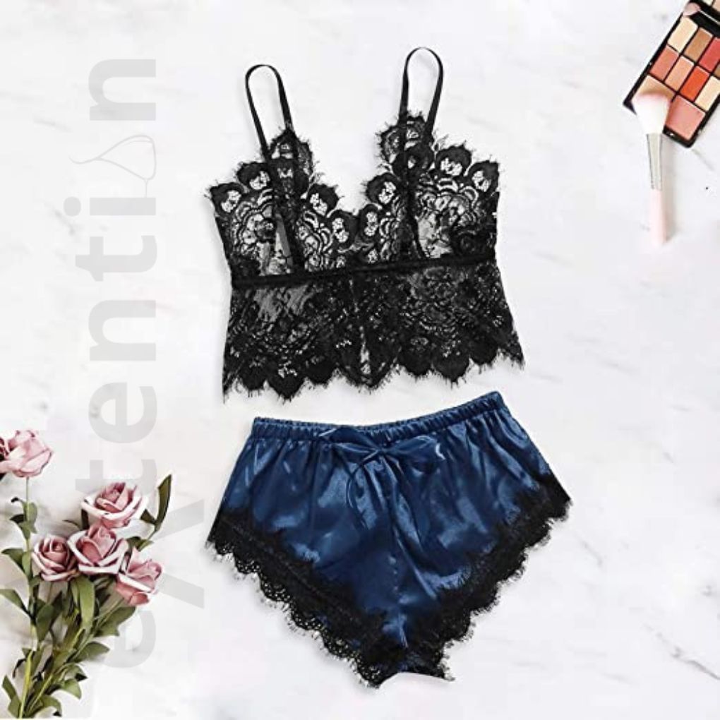 Sexy Paper Lace Silk Tops & Shorts Sleepwear Set From Shilpiana / Pants And Lace Tops Satin Nightwear Set For Women Ladies & Girls