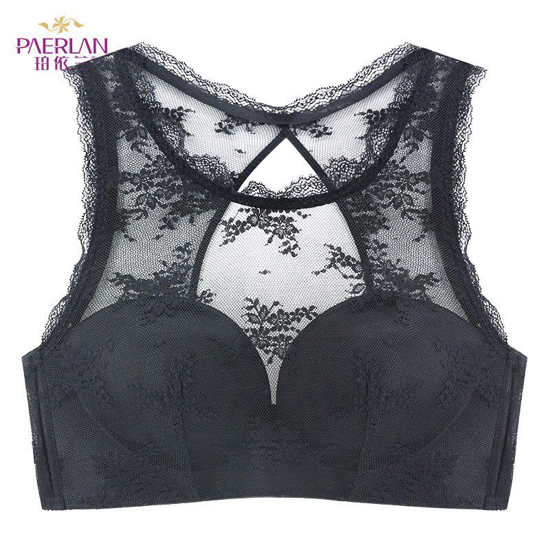PAERLAN Floral Lace Push Up Bra Beautiful Back  Wire Free Half 1/2 Cup Women Underwear Back Closure Three Hook-and-eye
