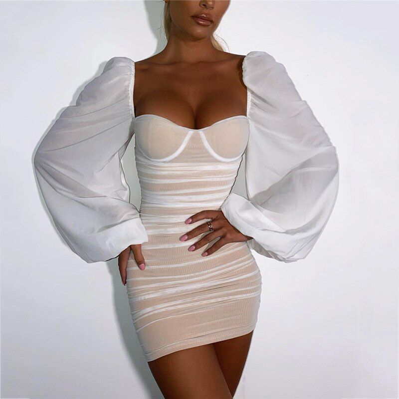 Spring Double Layer Mesh Mini Dress Women Lantern Sleeve Ruched Bodycon Dress Clubwear Black Backless Vestido
