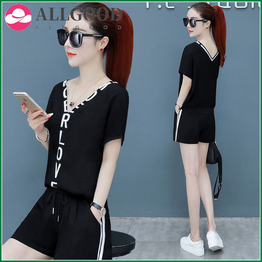Women's Suit Plus Size Casual Tracksuit  Summer New Fashion Loose V-Neck Crop Top And Shorts Two Piece Set For Women Clothes