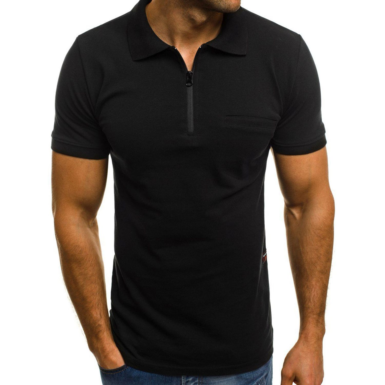 Summer Shirt Solid Color Zipper Men Loose Short Sleeve Lapel T-shirt for Party