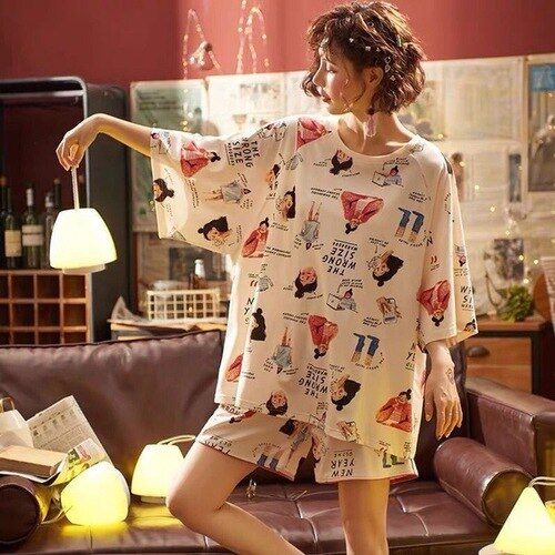 For Women's Summer Large Loose Casual Style Cartoon Sleepwear Ladies Lovely Home Clothes Femme Two Piece Set  Pajamas Suit