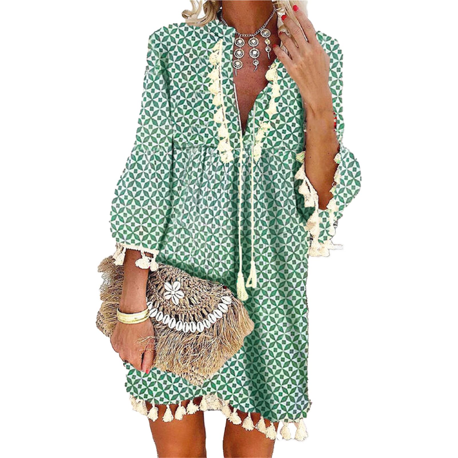 Beach Dress Geometric Print Tassel Women V Neck 3/4 Sleeve Dress for Vacation