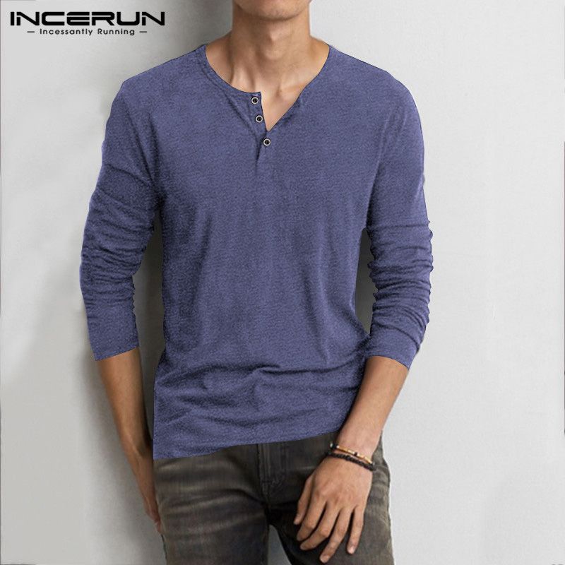 OIMG 2020 Incerun Men'S Long Sleeve Cotton Henley T Shirt Button Neck Casual Pullover Tops Tee New