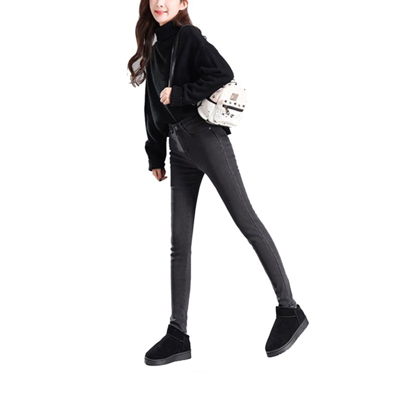 Women’s Korean Slim Fit Jeans Fashion Solid Color Plush Stretch High-waist Tight Denim Long Pants