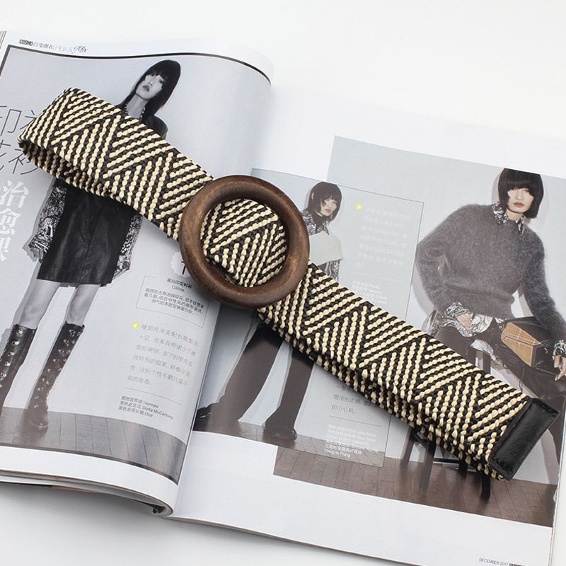 Vintage Boho Braided Waist Belt Women Fashion Designer Belt Round Wooden Smooth Buckle Fake Straw Waistband for Lady Jeans Dress