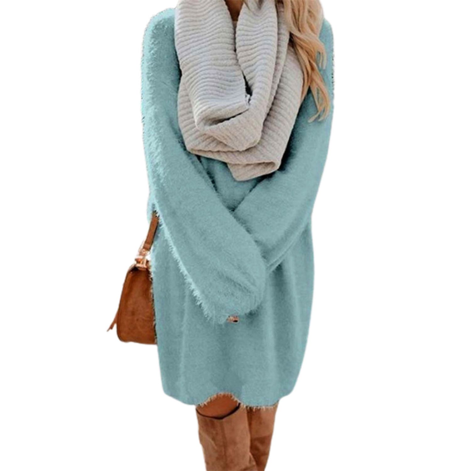 Winter Dress Round Neck Loose Solid Color Outdoor Party Dresses