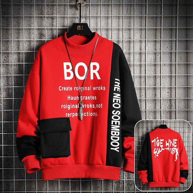 Casual Sweatshirt Men Streetwear Hoodies Letter Printing Mens Patchwork Sweatshirts Male O-Neck Top Pullover Tracksuit