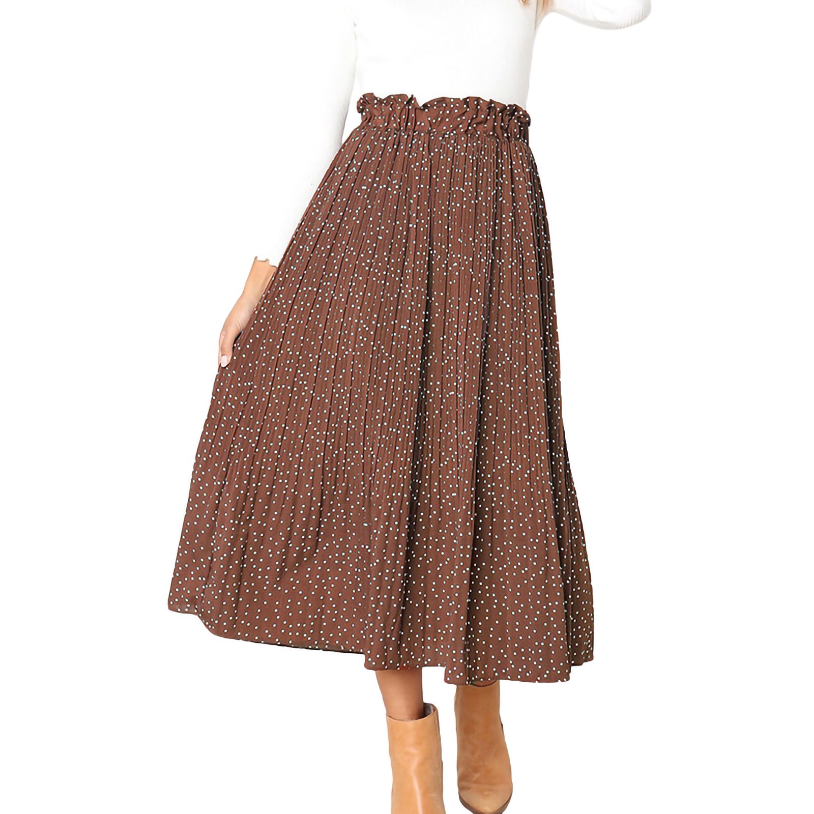 Women's Fashionable Long Skirt Elastic Band Flower/Dot Print Pleated Casual A-Line Skirt with Pocket