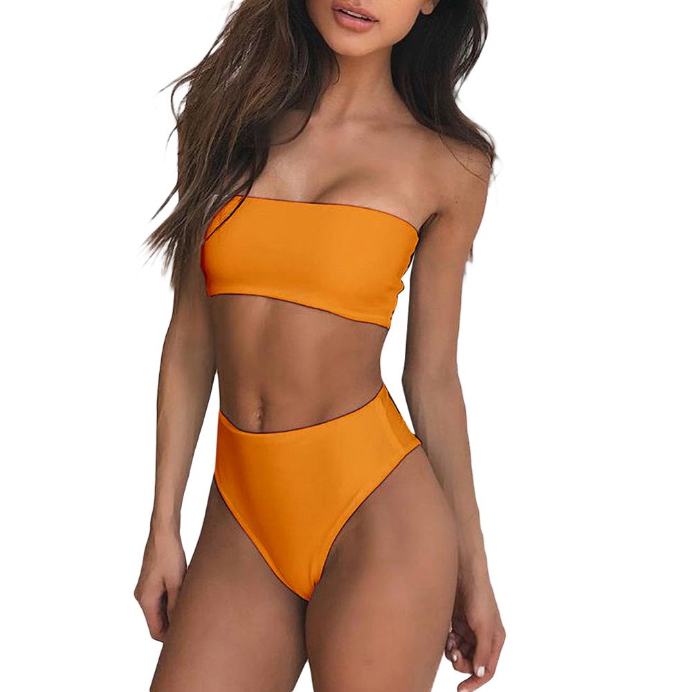 Style Women Solid Color Tube Top Bandeau High Waist Panties Set Bikini Swimwear