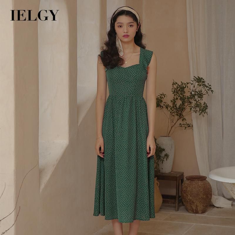 IELGY over-the-knee dress V-neck retro polka-dot green first love dress French style white strap dress open back